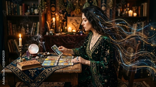 Mystical fortune teller reading tarot cards.