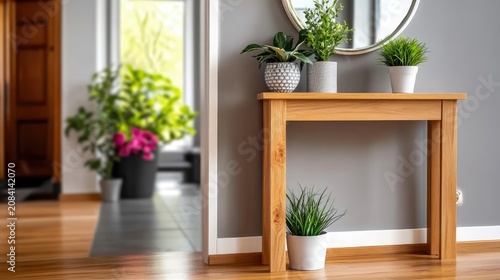 Warm interior showcasing an entryway table with potted plants and a welcoming hallway view