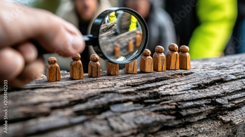 Wooden figurines inspected with magnifying glass on rustic wood surface suggesting focus and