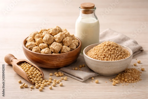 Soy products arranged on wooden surface with milk and grains