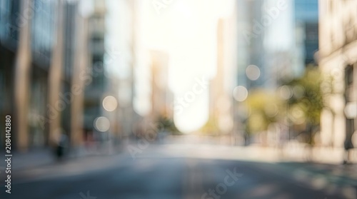 Abstract blurred city street background with sunlit bokeh and copy space.