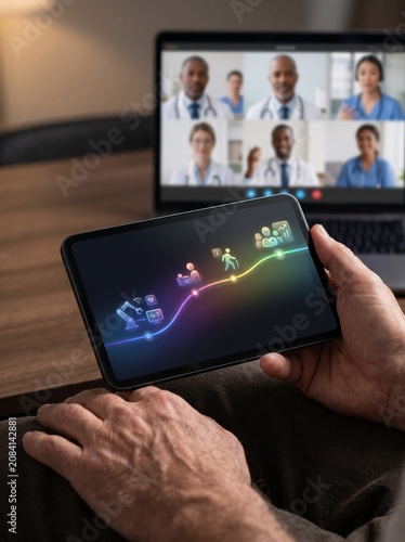 Close up of hands holding tablet with glowing neon wave data display, with group video call of diverse medical team visible on laptop screen in background, representing telehealth concept.