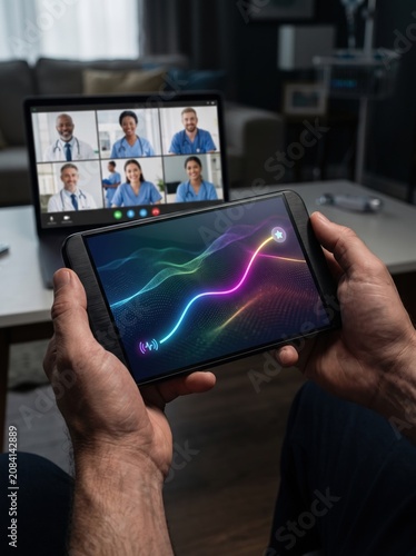 Close up of hands holding tablet with glowing neon wave data display, with group video call of diverse medical team visible on laptop screen in background, representing telehealth concept.