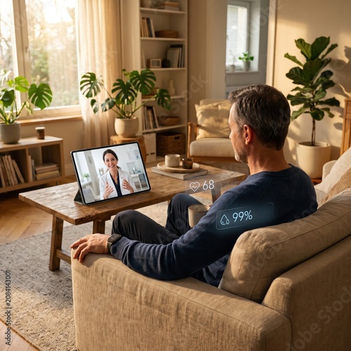 Mature man sitting on home sofa having telehealth video consultation with smiling female doctor on tablet, with floating digital health monitoring icons showing heart rate and lung data.