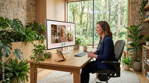 Professional woman in navy blazer conducting video therapy session on desktop computer monitor, taking notes in stylish green plant-filled home office with forest view through large window.