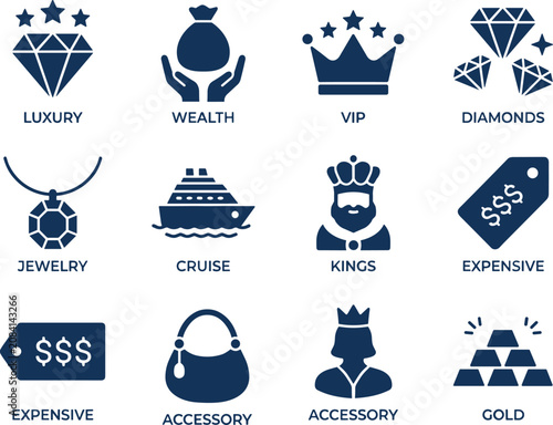 Luxury and wealth icon set, 12 blue flat vector icons for expensive lifestyle, jewelry and gold symbols for premium branding and finance apps
