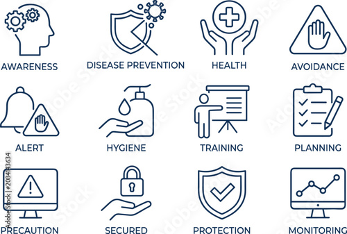 Health and disease prevention line icons, set of 12 medical awareness and safety vector symbols, hygiene and protection signs for healthcare