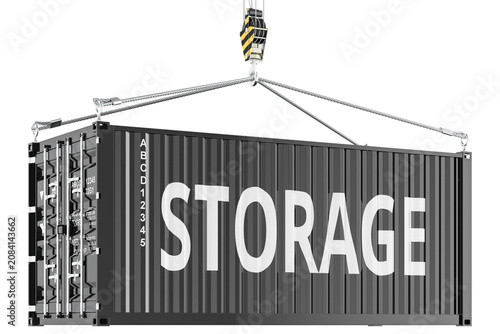 Storage, shipping container lifted by crane hook, transparent background.