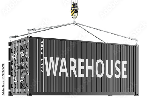 Warehouse concept, cargo container lifted by crane, transparent background.