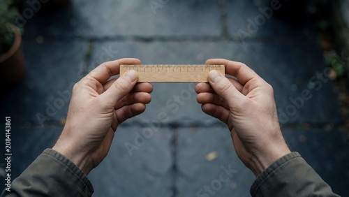 Person Holding Wooden Ruler Measuring Small Distance Outdoors Showing Precision Measurement Concept With Close Up View Of Hands Positioning Measuring Tool Over Dark Stone Pavement Background