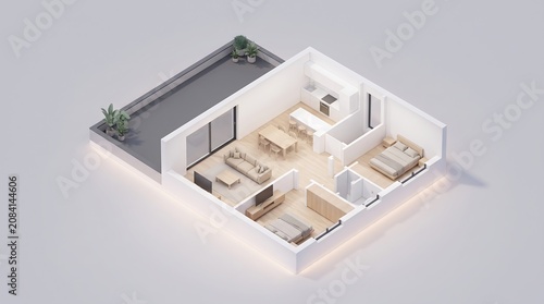 3d isometric floor plan of a modern apartment with a balcony