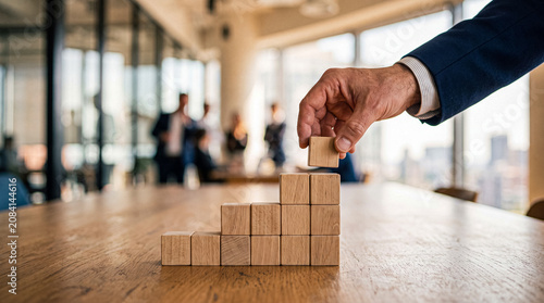 Photos Hand placing a wooden block to build a rising staircase, symbolizing business growth and strategic development