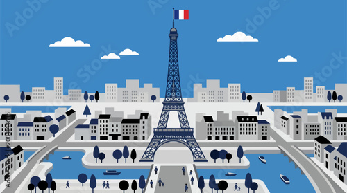 Cuadro en lienzo Flat Vector Illustration of Eiffel Tower and Paris Skyline with French Flag, Riv