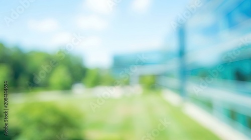 Abstract blurred modern office building background with green park and sky for copy space.