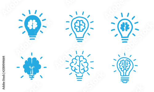 Bright blue creative human brain lightbulb icons chart isolated on white background, conceptual mental power psychology symbols pack, clean linear neurology technology graphics bundle