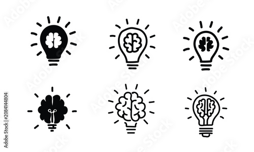 Classic black human brain lightbulb diagram isolated on white background, minimal monochrome mental innovation icons chart, universal crisp clean neurology print stencils matrix