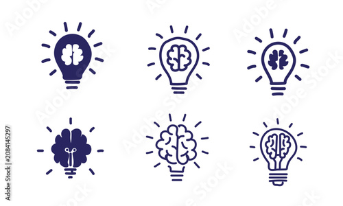 Deep royal indigo human brain lightbulb icons pack isolated on white background, professional dark blue intelligence technology symbols chart, clean business presentation vector assets grid