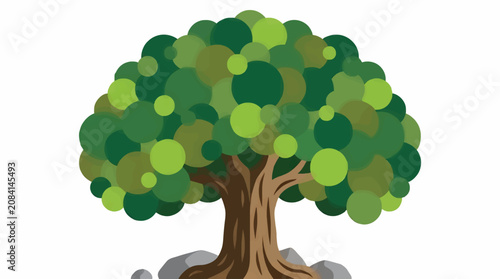 Cuadro en lienzo Stylized Flat Vector Oak Tree with Broad Rounded Canopy of Green Circles, Textur
