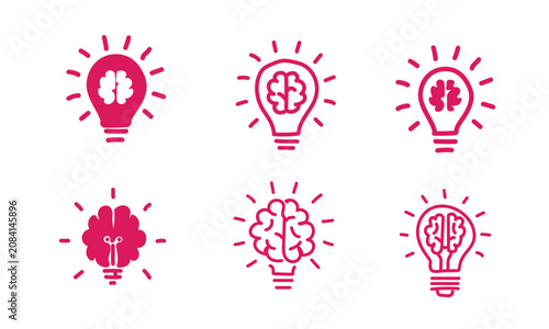 Trendy fuchsia pink human brain lightbulb icons matrix isolated on white background, modern aesthetic smart thinking psychology symbols chart, casual creative lifestyle layout vector components