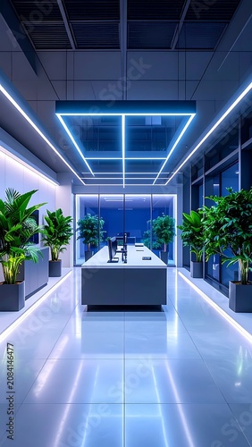 A futuristic office interior with blue neon lights