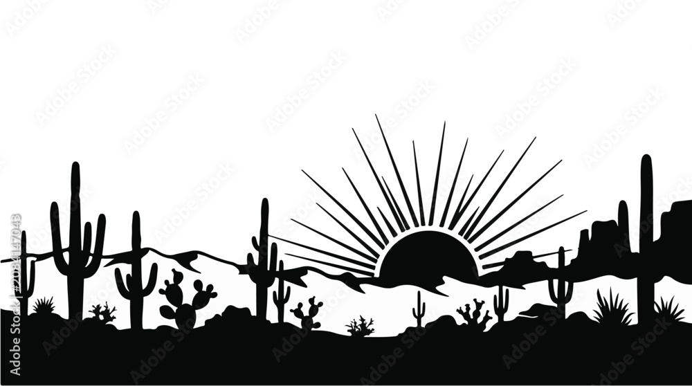 Obraz premium Desert landscape with cacti at sunset silhouette