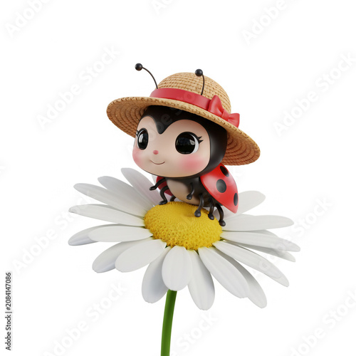 Cute cartoon ladybug character wearing a stylish straw hat with a red ribbon while sitting peacefully on top of a vibrant white daisy flower against a clean white background in digital art