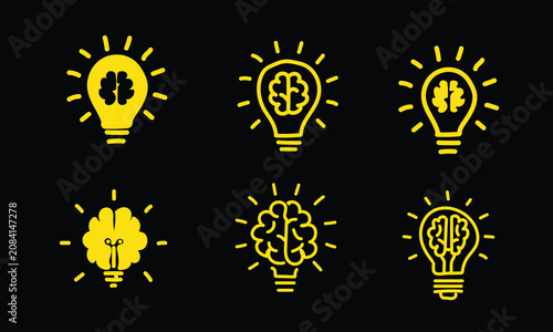 Golden yellow human brain lightbulb symbols chart on black background, premium gold look mental power innovation graphics matrix, high contrast alternative psychology presentation assets bundle