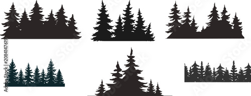 Pine Forest Silhouette Vector Set with Evergreen Trees Woodland Borders and Nature Landscape