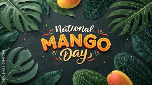 National Mango Day bold lettering surrounded by lush tropical green leaves.
