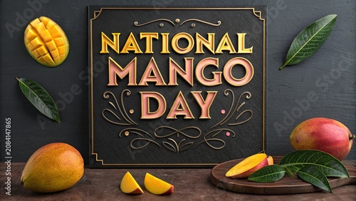Dramatic mango typography design featuring tropical flowers and dark background.
