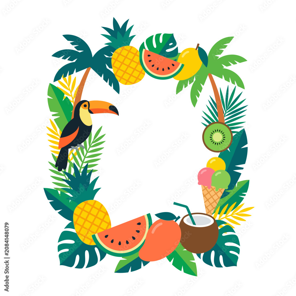 Obraz premium A colorful tropical frame with summer fruits and a toucan