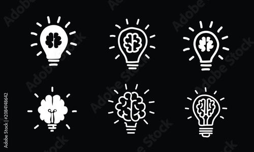 White human brain lightbulb icons collection on black background, creative thinking mental power outline symbols matrix, high contrast sketched innovation graphics bundle