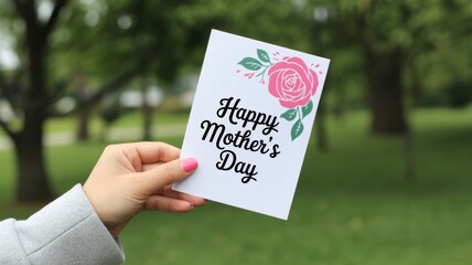 Hand Holding Happy Mother's Day Card With Pink Rose In Park
