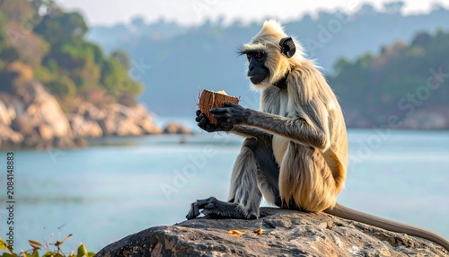 A langur monkey sits on a rock by a tranquil body of water, clutching a coconut. Rolling hills are in the background