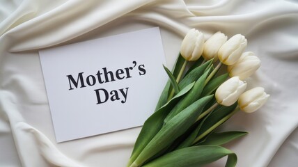Mother's Day card with white tulips on soft linen background