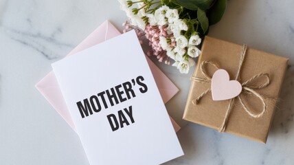 Mother's Day gift box with card and flowers on marble table