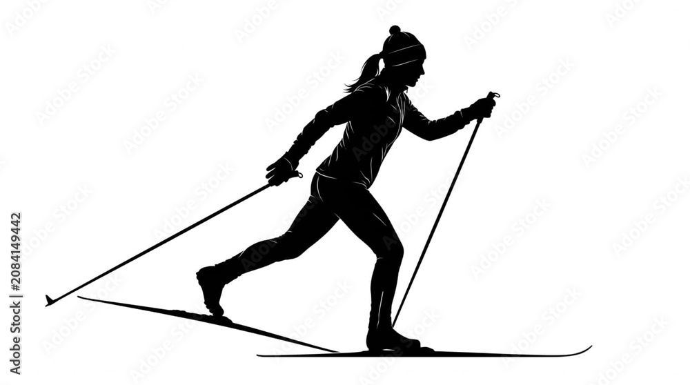 Fototapeta premium Female cross country skier silhouette, woman skiing with poles vector illustration isolated on white background