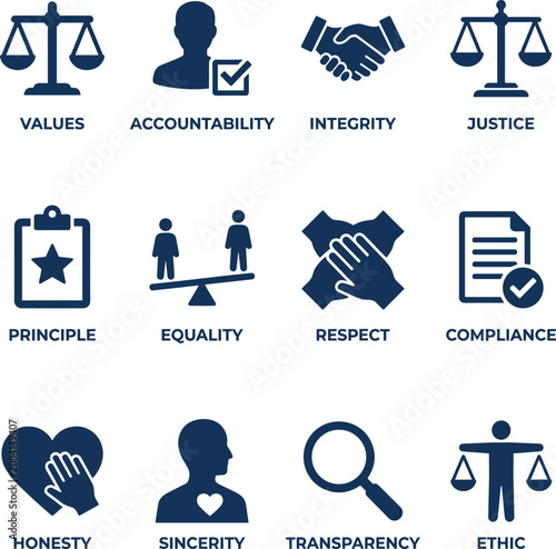 Corporate ethics and core values icon set, 12 business integrity and compliance vector symbols, professional moral principles for company culture