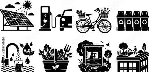 Eco friendly sustainability icons set with solar energy, electric vehicle, recycling, water conservation, gardening, and green architecture