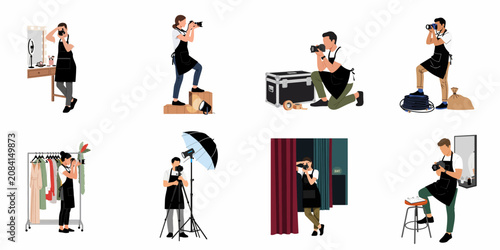 Set of professional photographers and videographers working in a photo studio with various equipment and props, flat vector illustration isolated on white background.