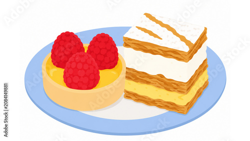Konstfotografi Plate featuring a sweet raspberry tartlet and multilayered cream mille-feuille,