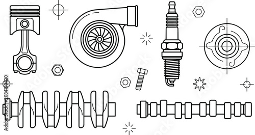 Foto Car engine parts vector icon set with piston turbocharger spark plug crankshaft