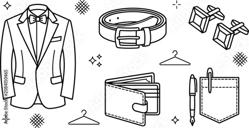 Photos Men fashion vector icon set with suit jacket belt cufflinks wallet pen pocket li