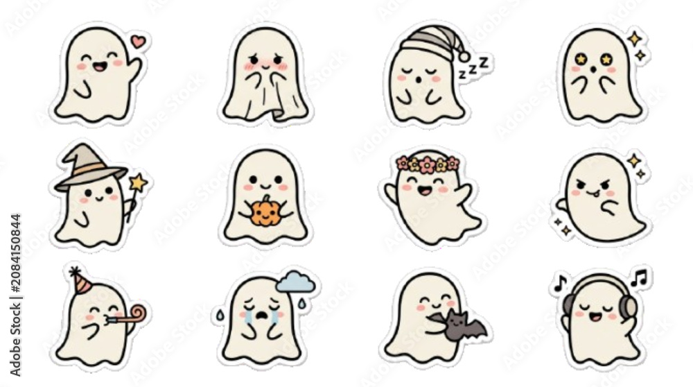 Fototapeta premium Cute ghost sticker icon set, premium black outline, isolated on white background.