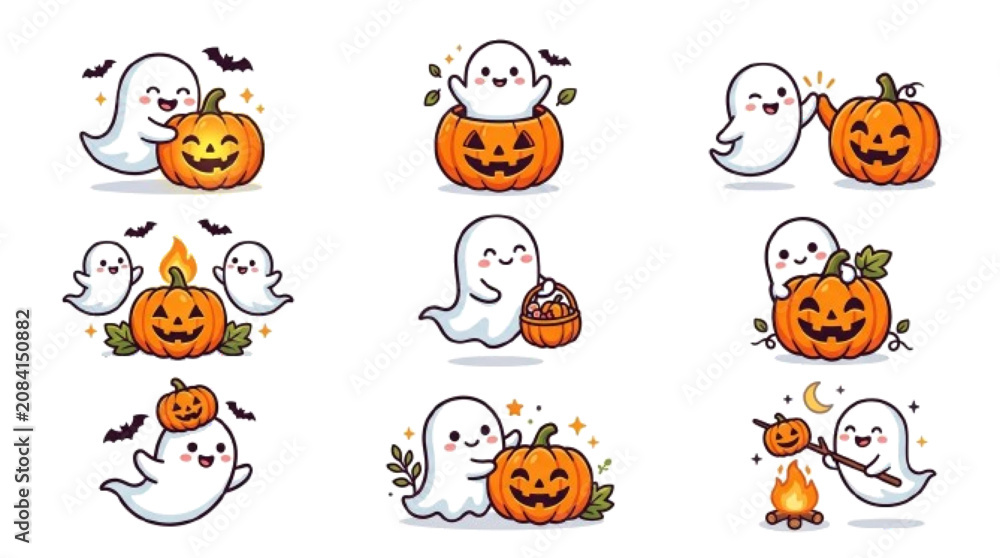 Fototapeta premium Ghost and pumpkin icon set, cute ghosts interacting with jack-o'-lanterns, premium vector illustration, white background.