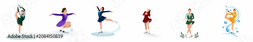 Set of six flat vector illustrations of female figure skaters performing various professional poses and spins on ice, isolated on white background.