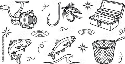 Quadro em tela Fishing gear vector icon set with reel hook lure tackle box salmon fish landing