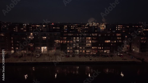 Waterfront apartment buildings at night