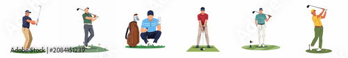 Set of flat vector illustrations of male golfers in different poses, playing golf, swinging clubs, and preparing for a shot on the course.