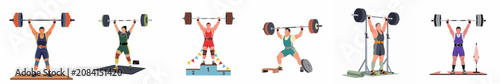 Foto Collection of professional weightlifters performing powerful barbell lifts in various gym and competition settings, illustrated in a modern flat style
